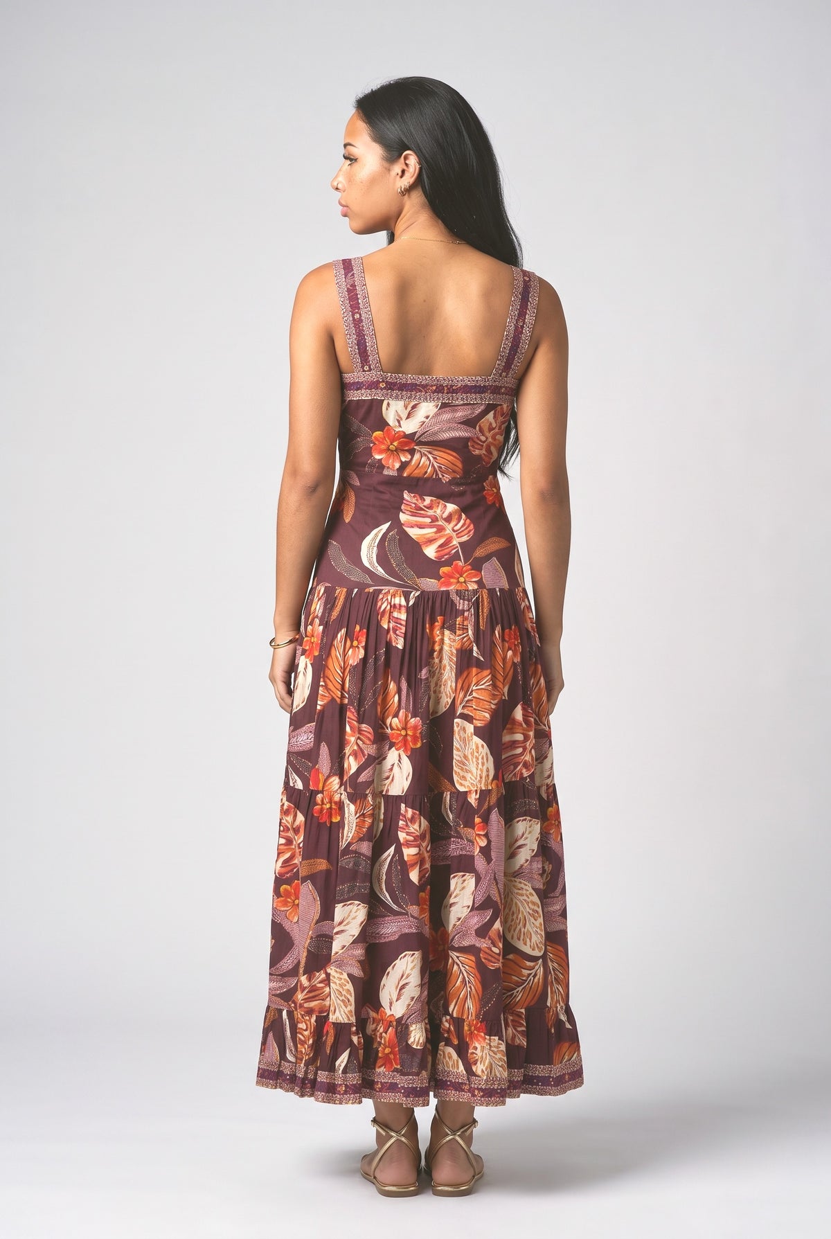 Purple Tropical Square Neck Tiered Maxi Dress, back view