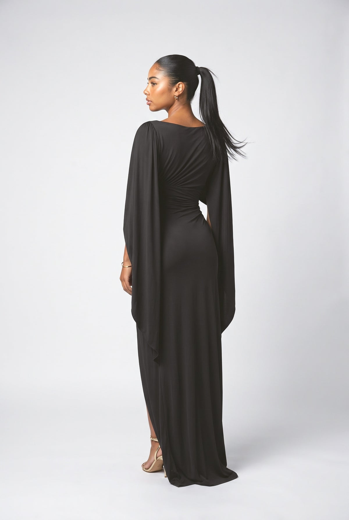 Boat Neck Pleated Slim Fit Maxi Dress, back view