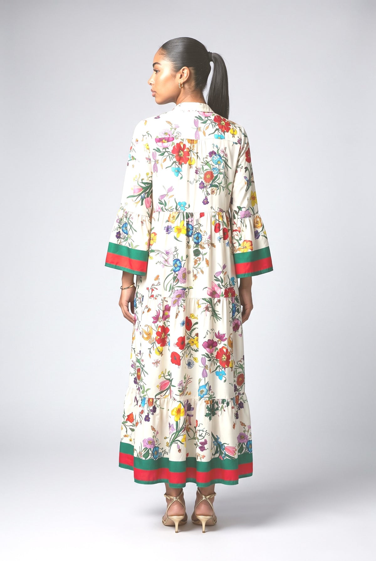 White Floral Bell Sleeve Maxi Dress, back view