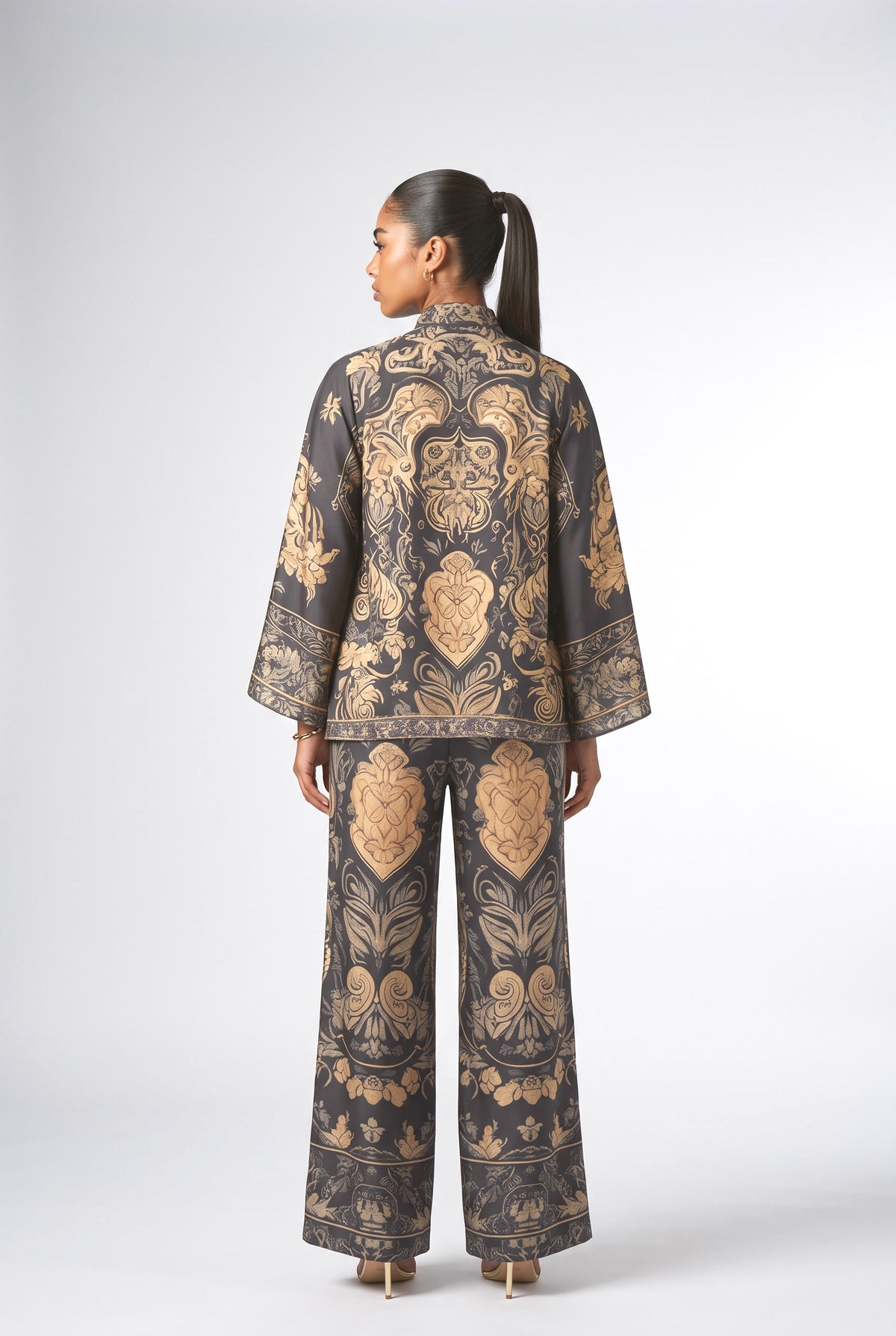Blue High Neck Batwing Sleeve Outfit Set, back view
