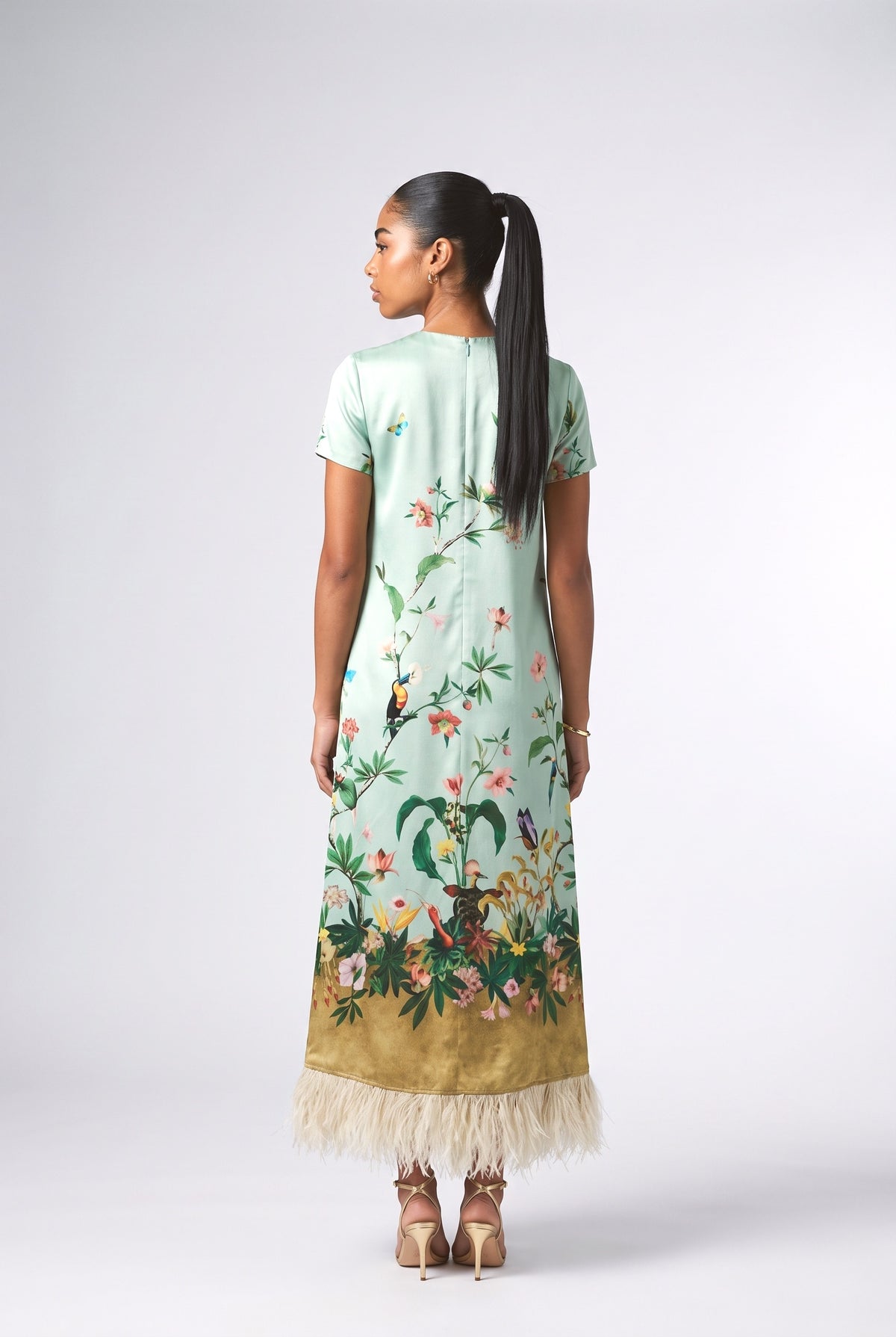 Print Feather Trim Maxi Dress, back view