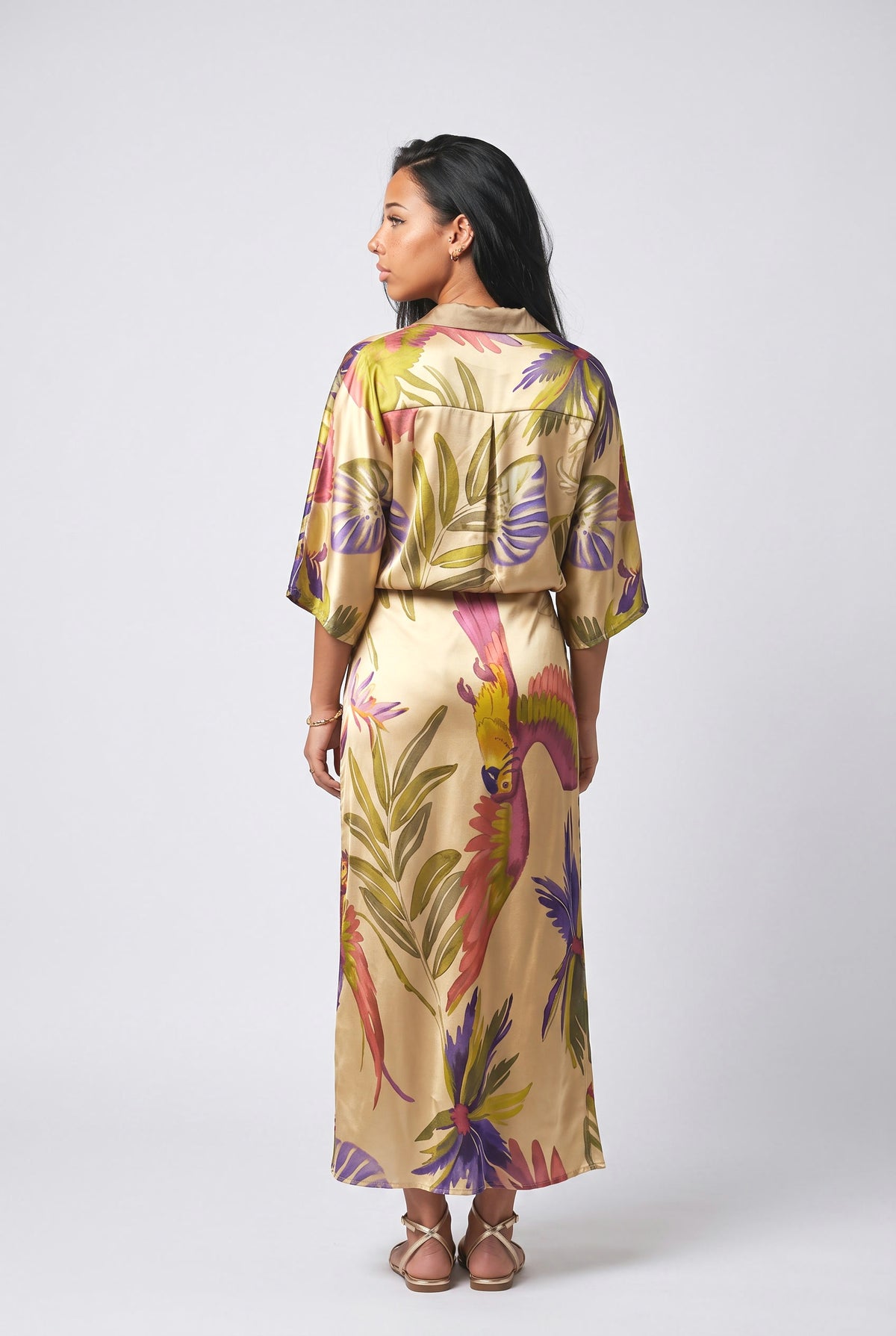 Parrot and Palm Leaf Print Two-Piece Set, back view