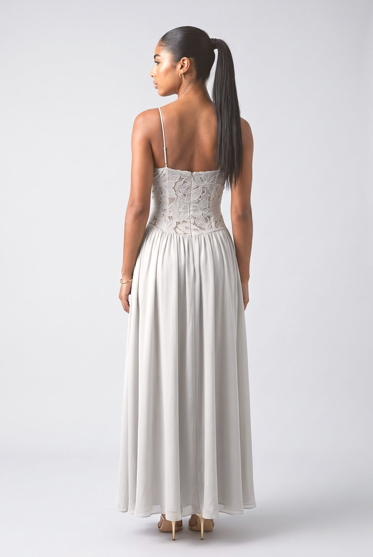 Yellow Floral Lace Strappy Maxi Dress, back view