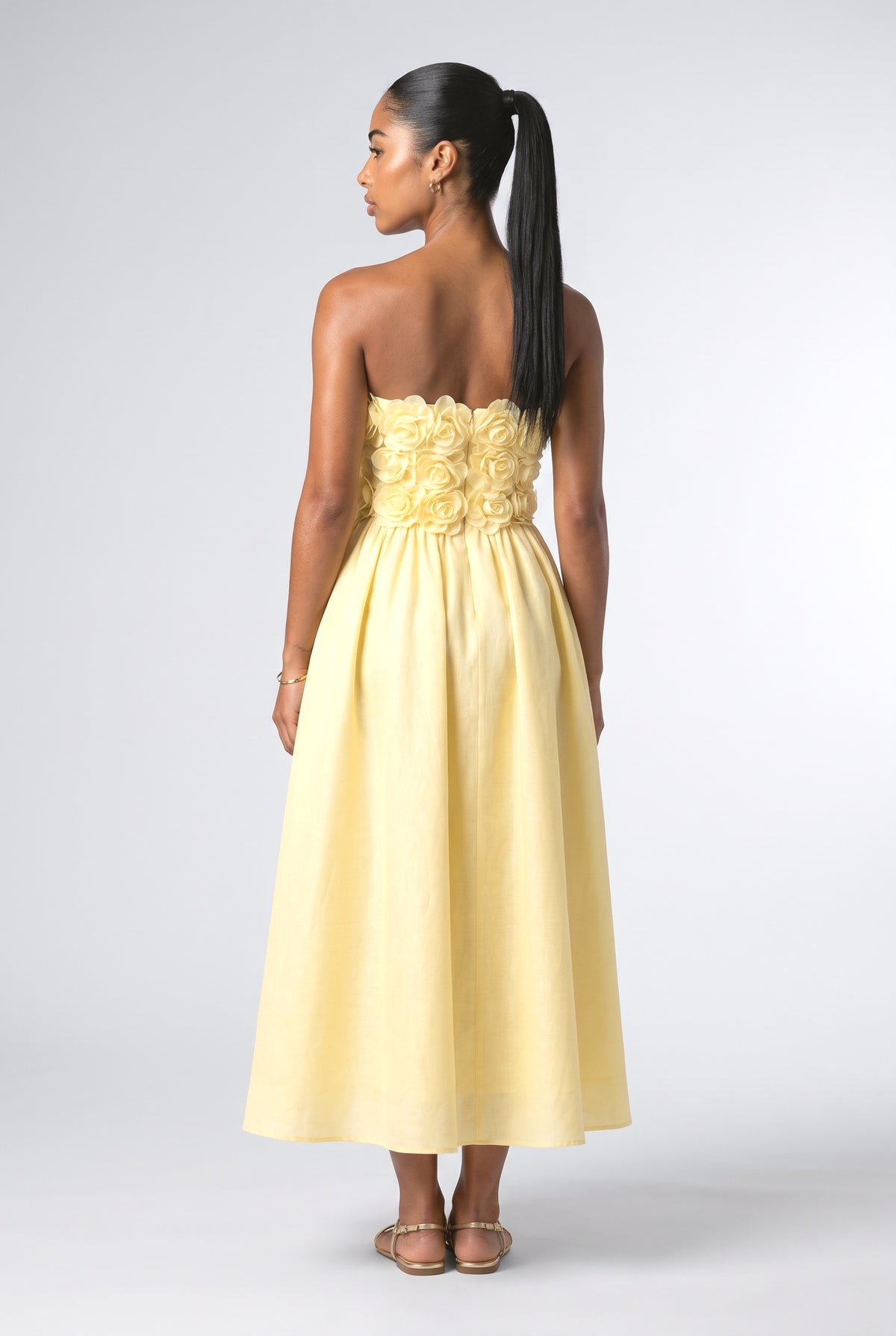 Yellow Floral Strapless Midi Dress, back view