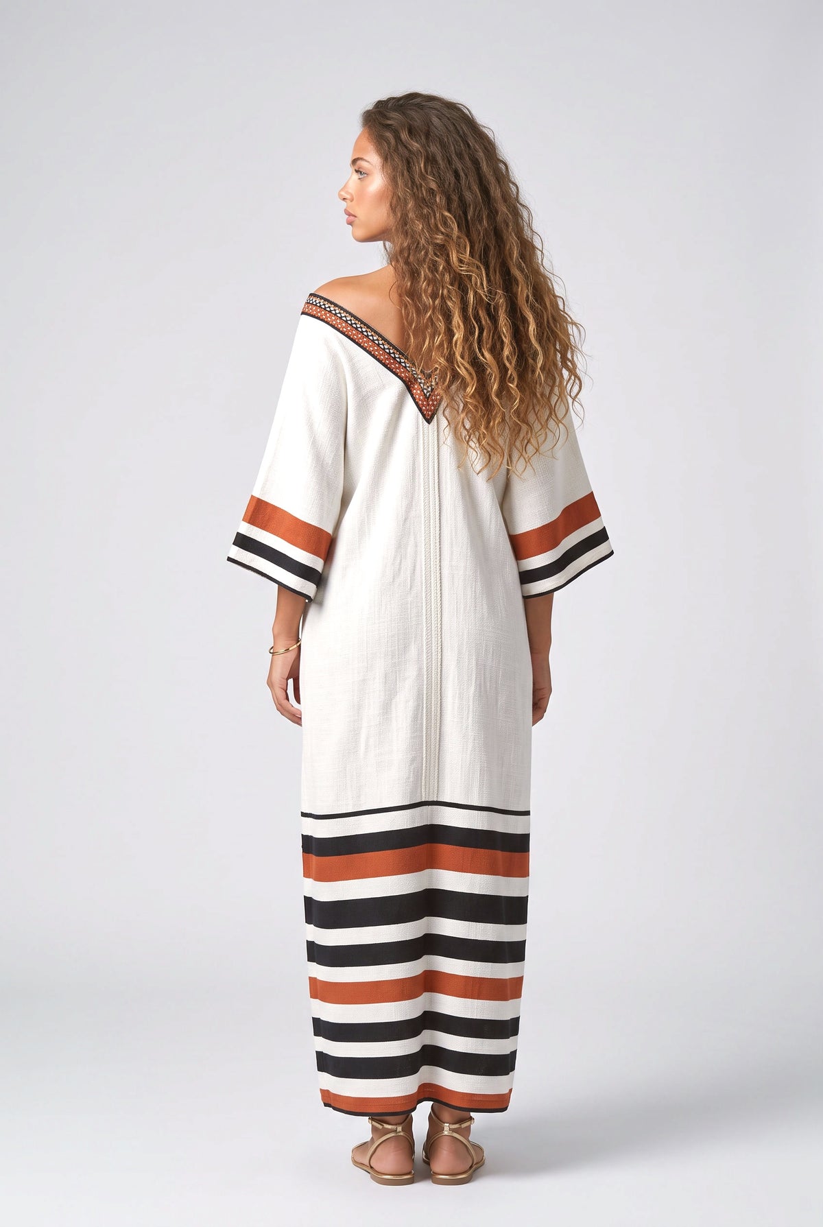 Orange Striped Off-Shoulder Maxi Dress, back view