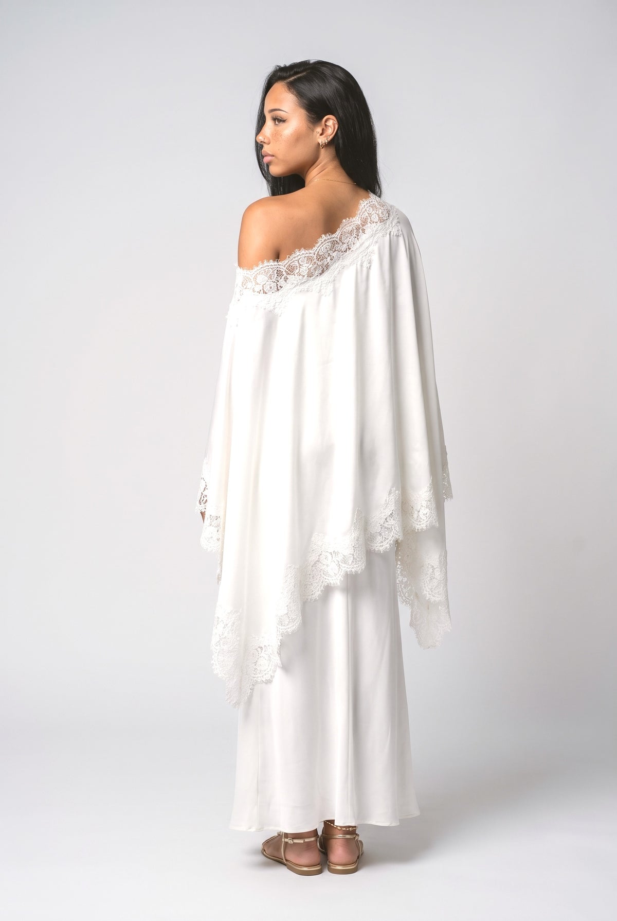 Satin Lace Shawl & Maxi Skirt Two-Piece Set, back view