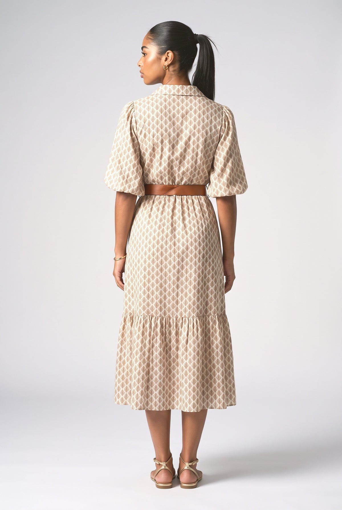 Beige V-Neck Midi Dress, back view