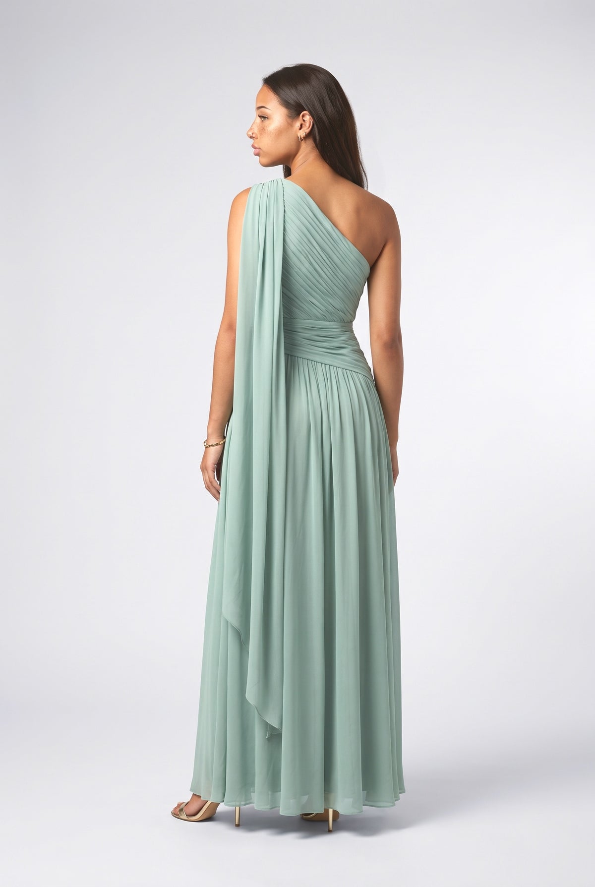 Green One-Shoulder Ruched Maxi Dress, back view