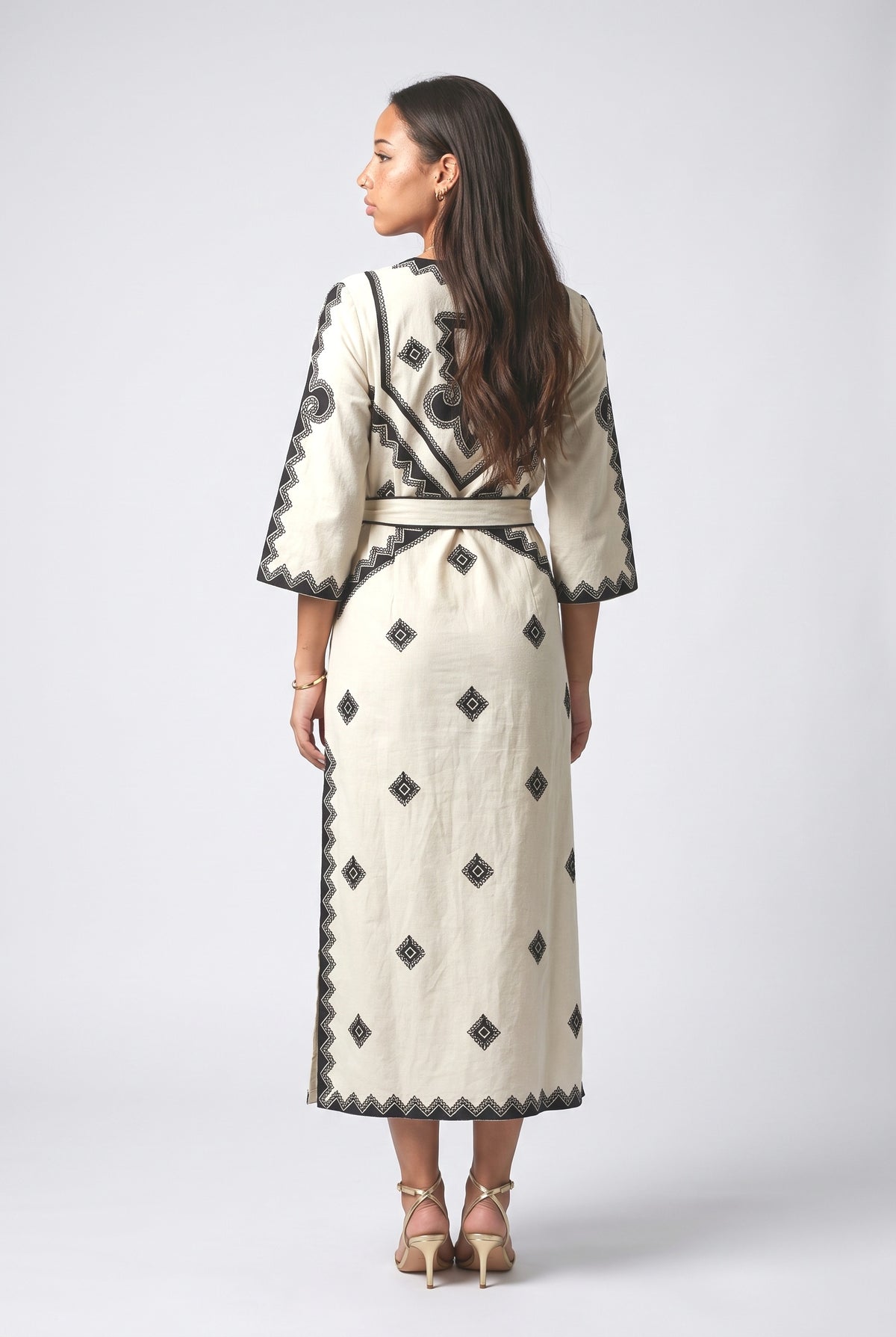 Bohemian Style Print Belted Midi Dress, back view