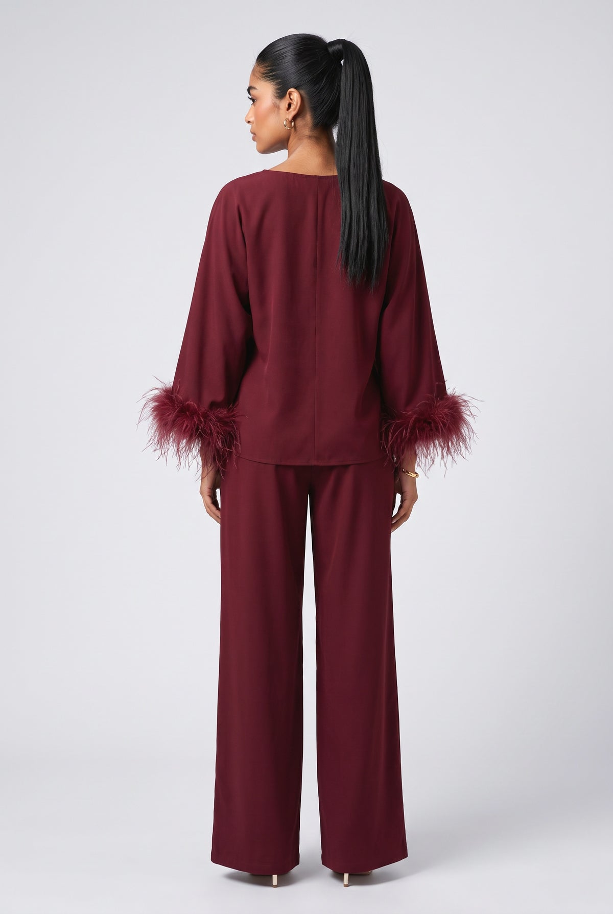 Batwing Sleeve Feather Trim Outfit Set, back view