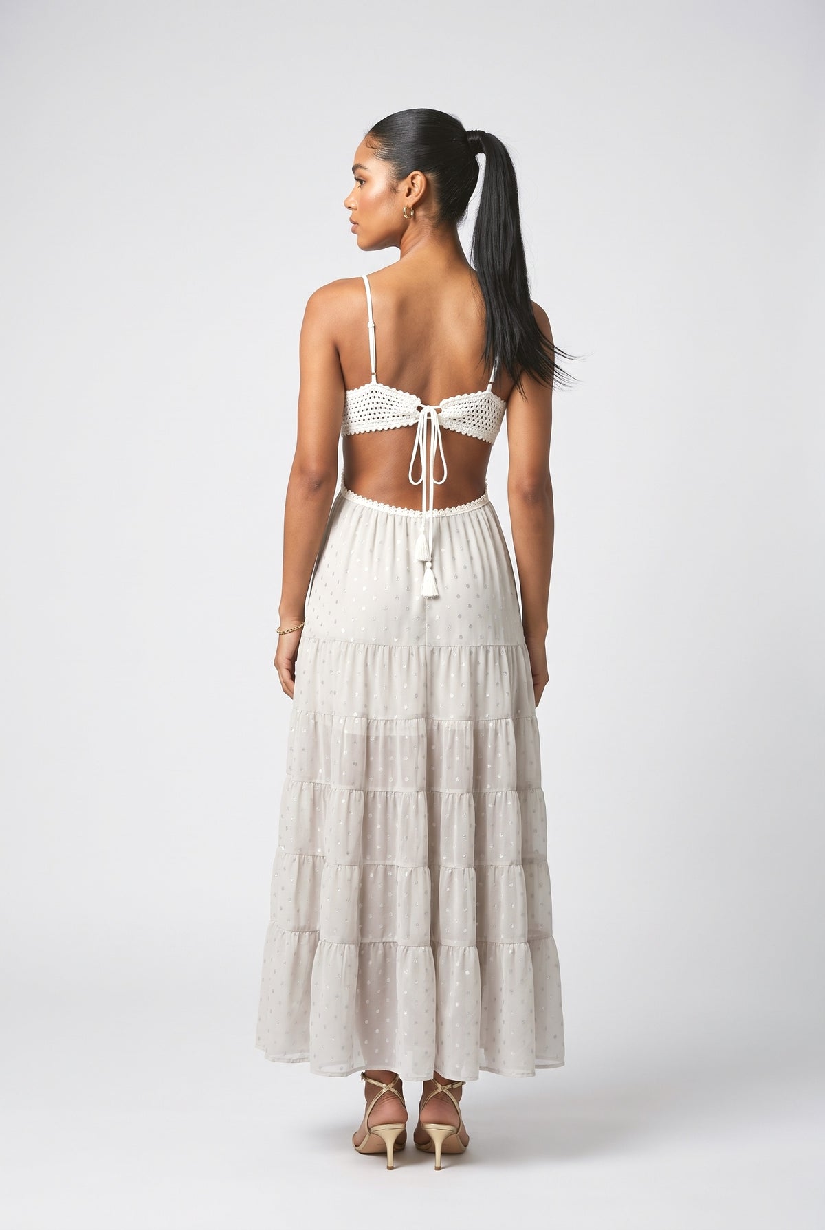 White Polka Dot Chiffon Cutout Maxi Dress, back view