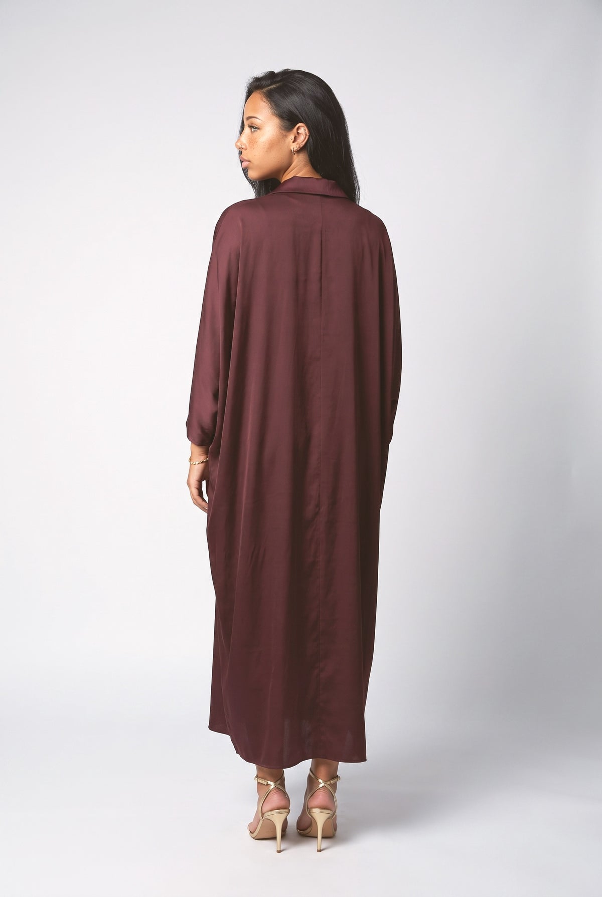 Burgundy Contrast Satin Maxi Kaftan Dress, back view