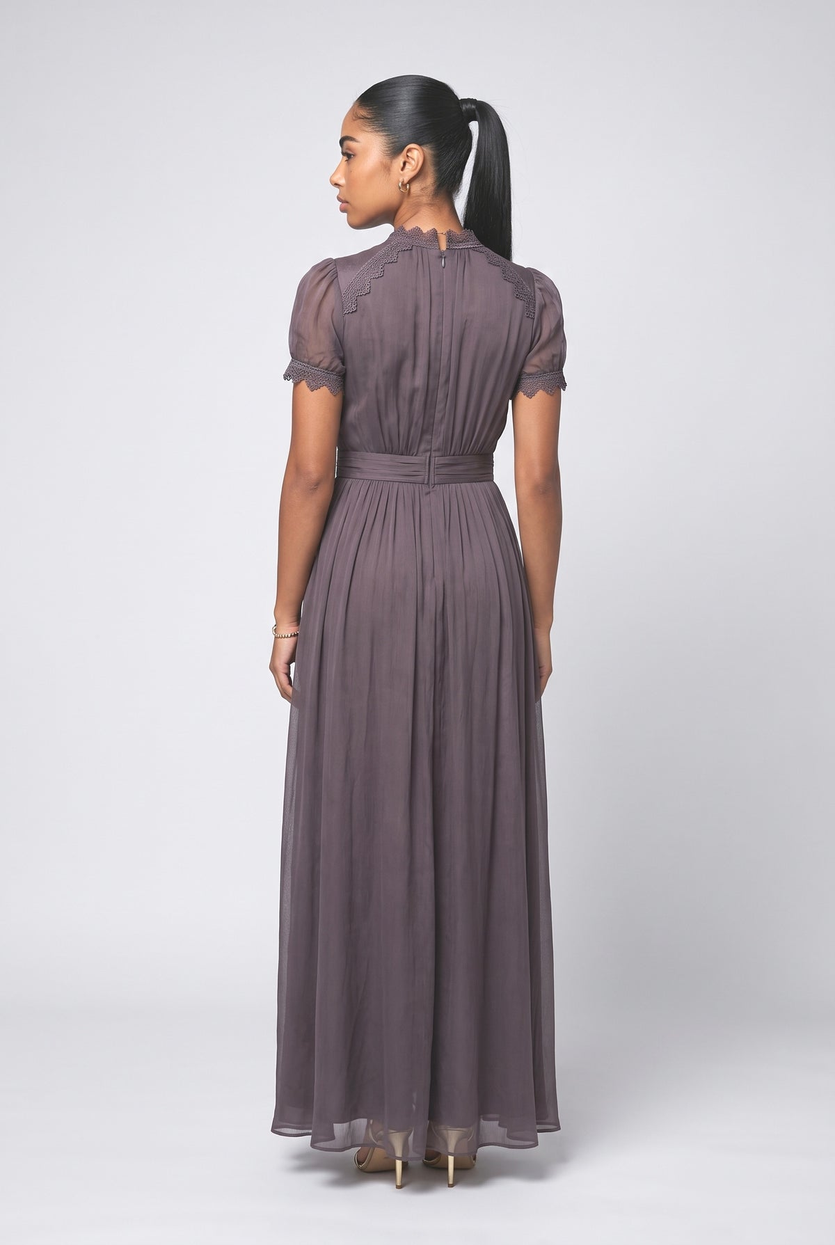 Lace Trim Pleated Chiffon Maxi Dress, back view