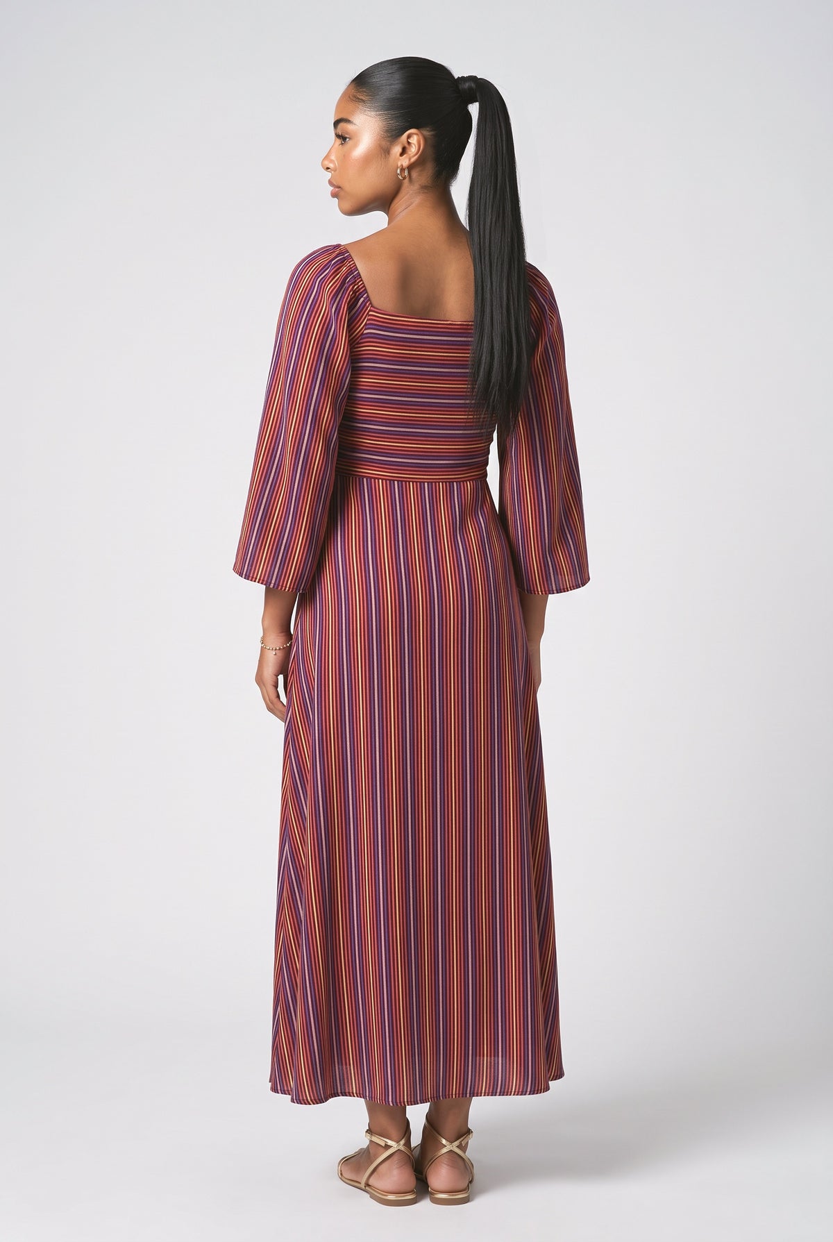 Hollow Design Striped Maxi Dress, back view