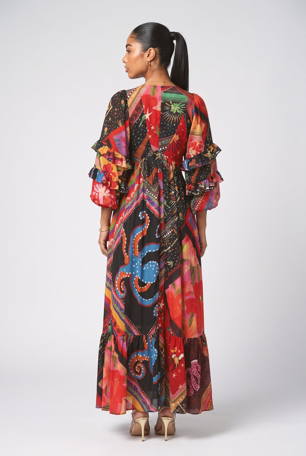 Red Floral V-Neck Maxi Dress, back view