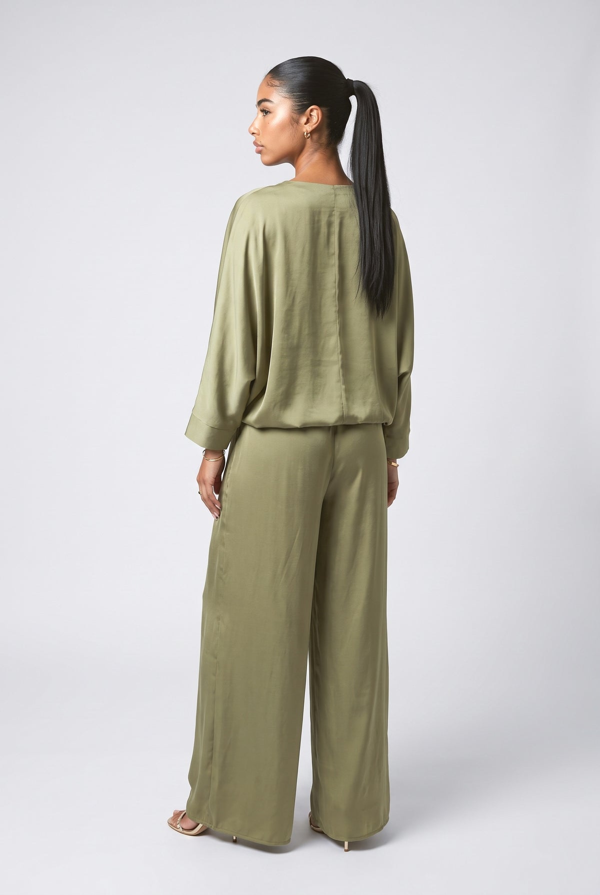Satin Batwing Sleeve Top Two-Piece Set, back view