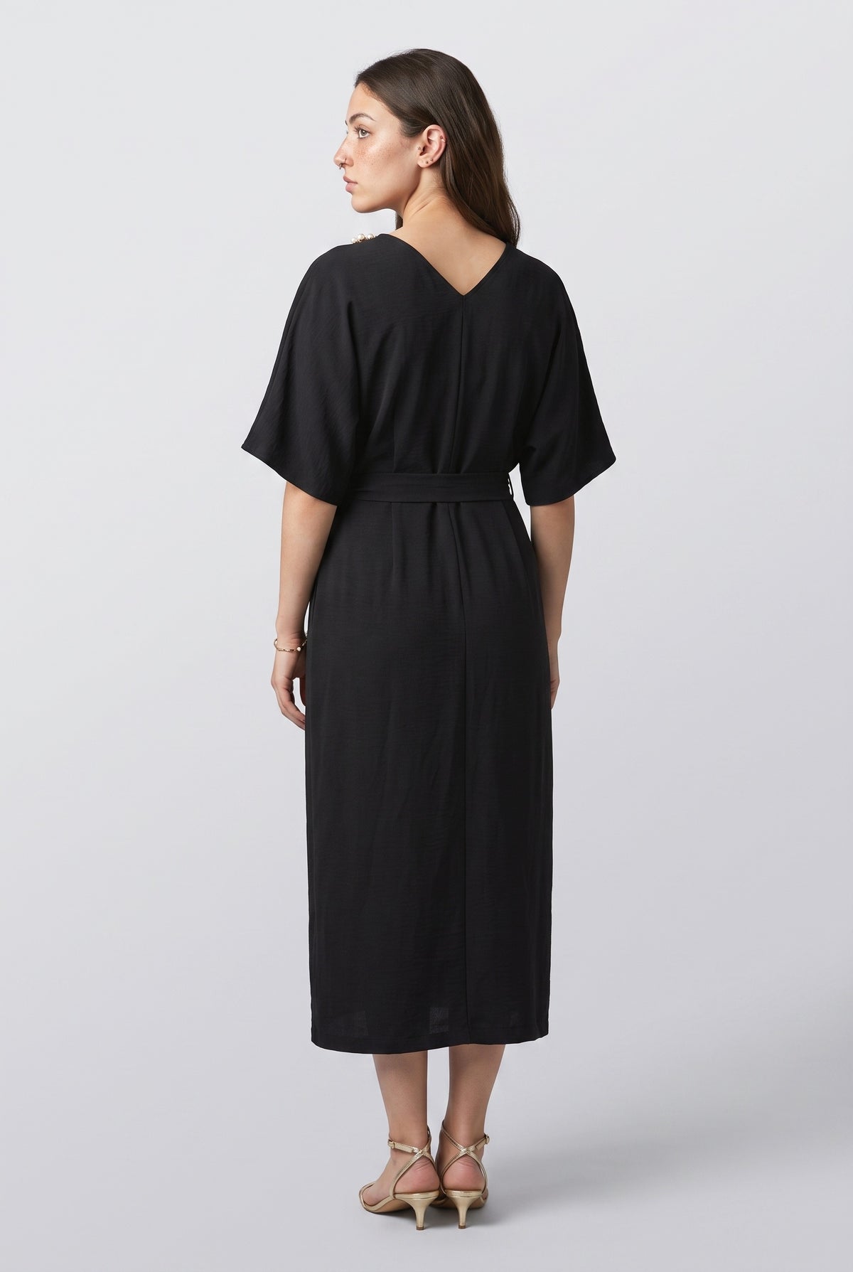 Black V-Neck Batwing Sleeve Midi Dress, back view