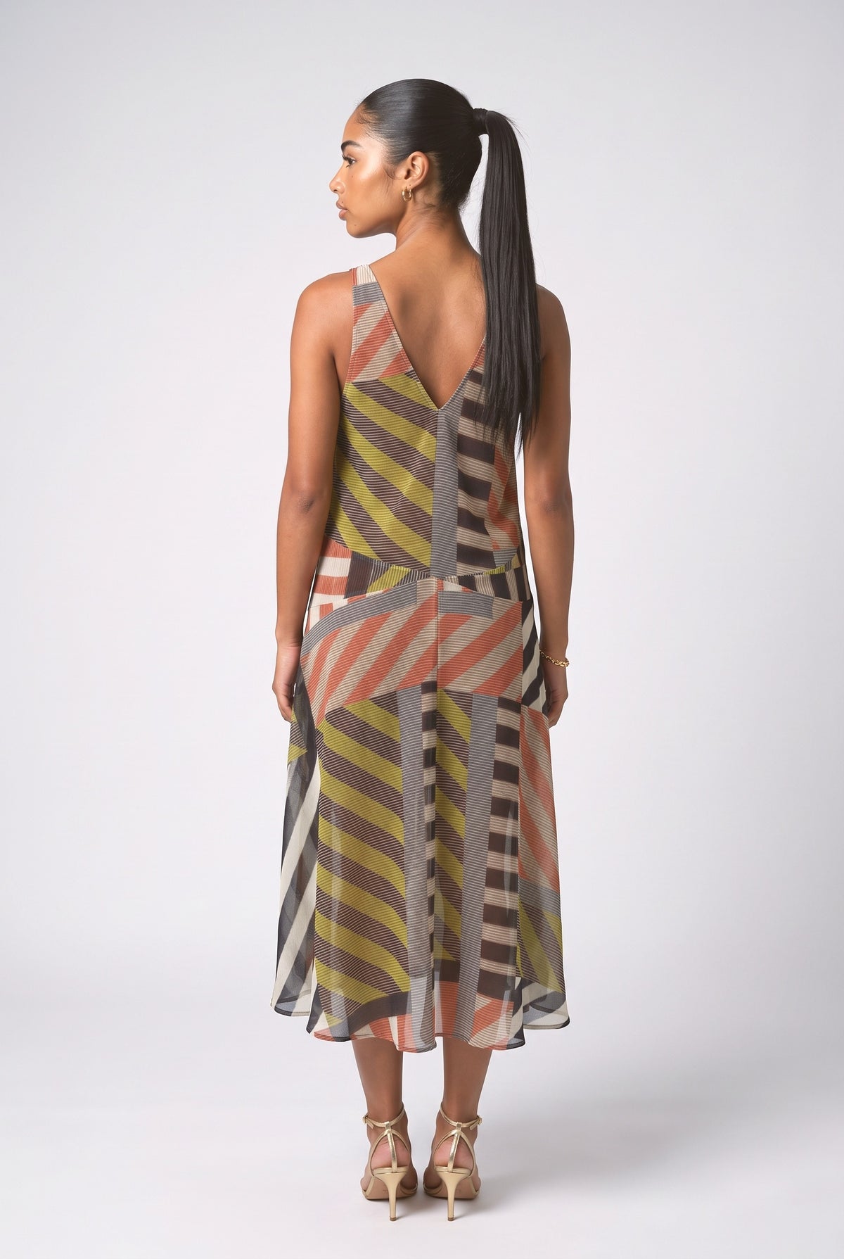 Geometric Stripe Print Flowing Maxi Dress, back view