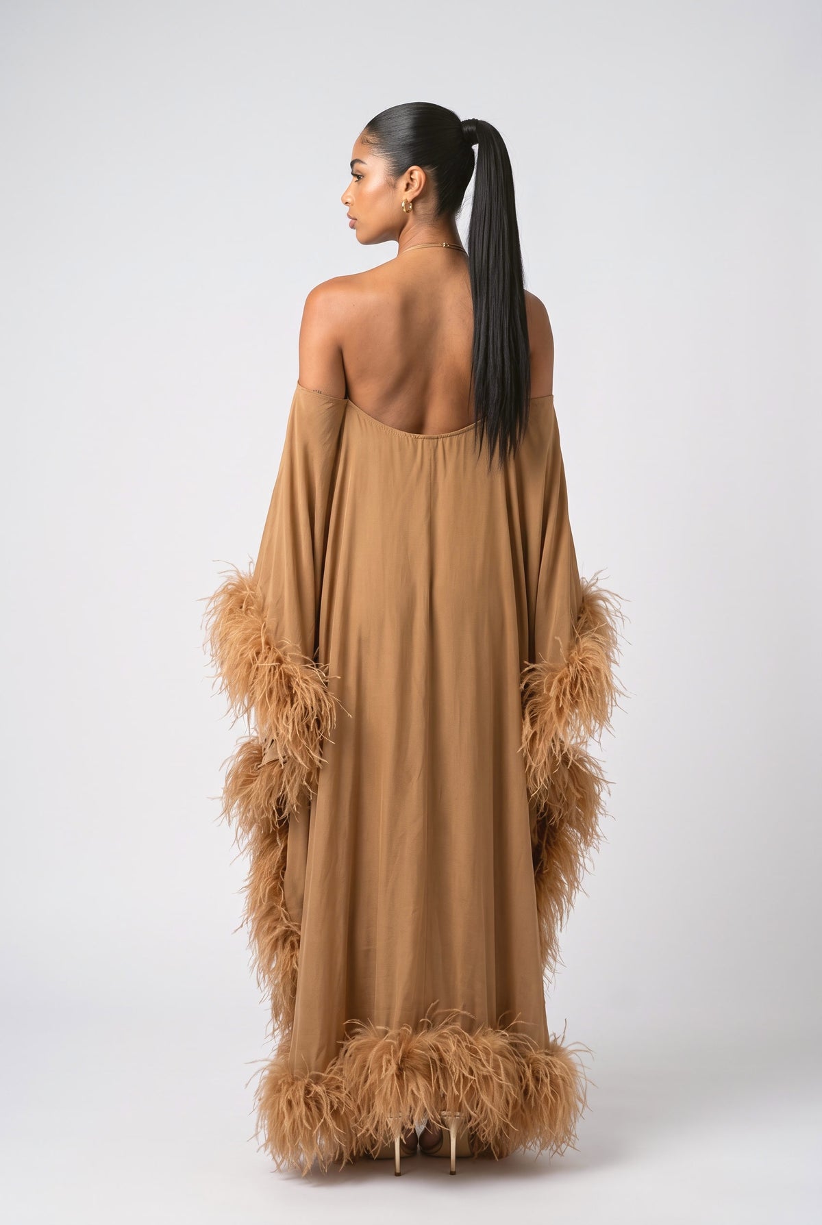 Brown Off-Shoulder Feather Trim Maxi Dress, back view