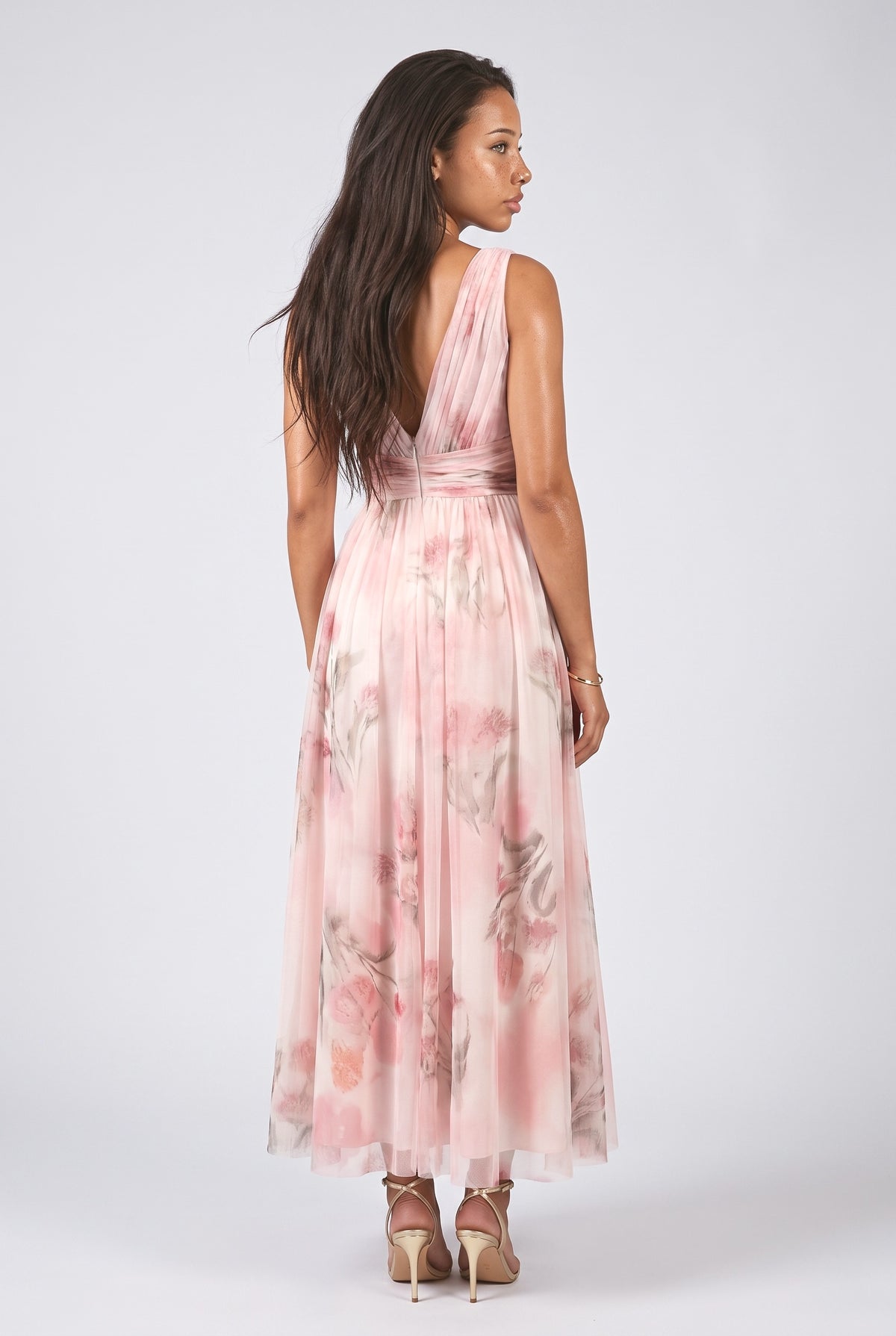 Pink Floral Tulle V-Neck Maxi Dress, back view