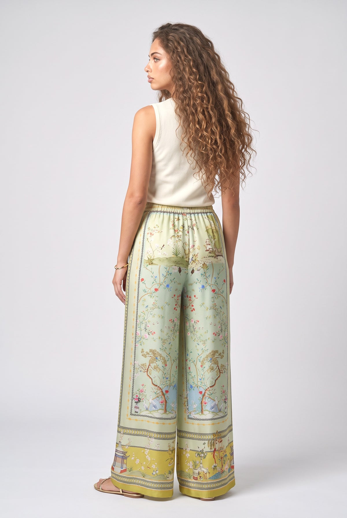 Digital Print Loose Elastic Waist Pocket Wide Leg Pants, back view