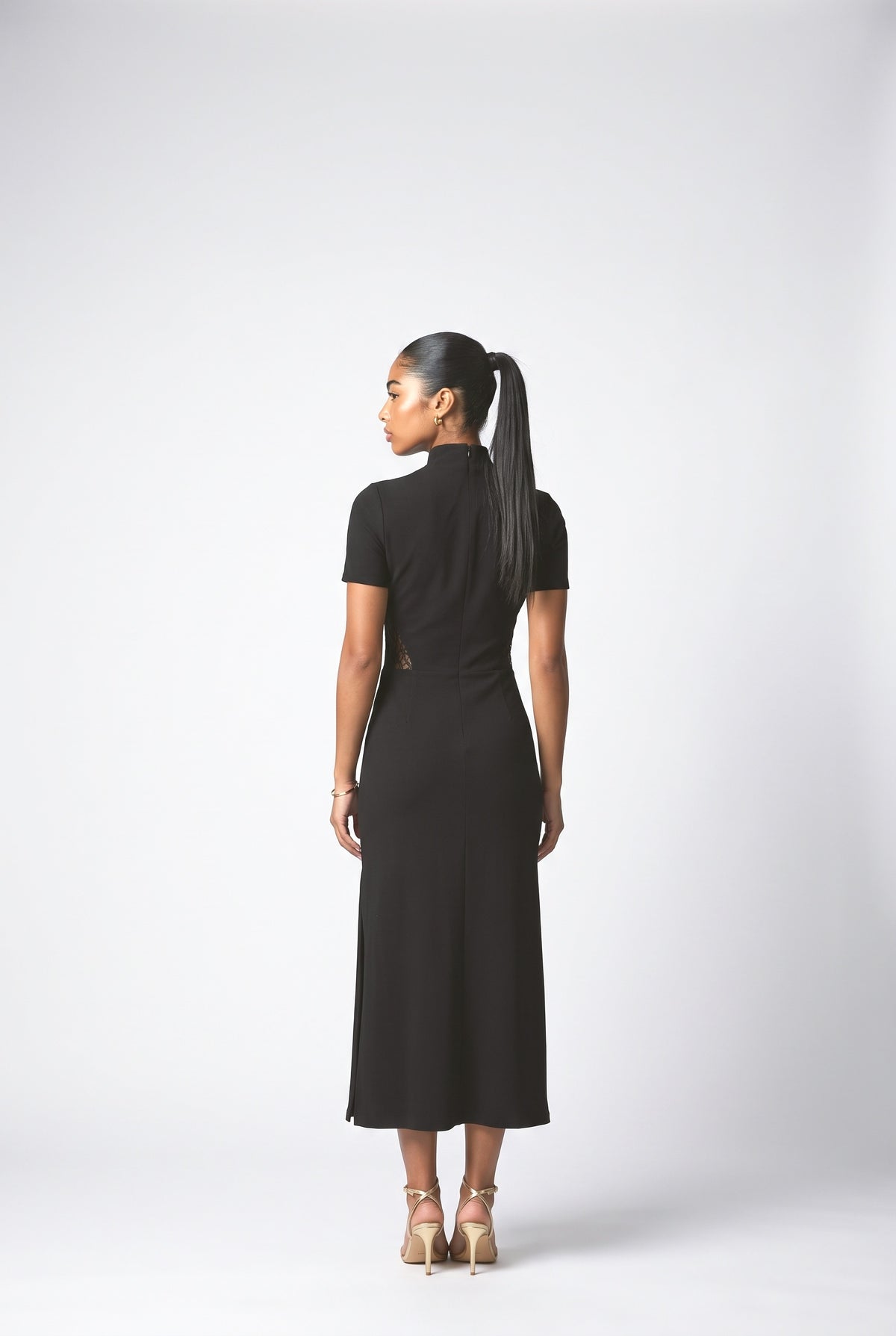 Black Lace High Neck Maxi Dress, back view