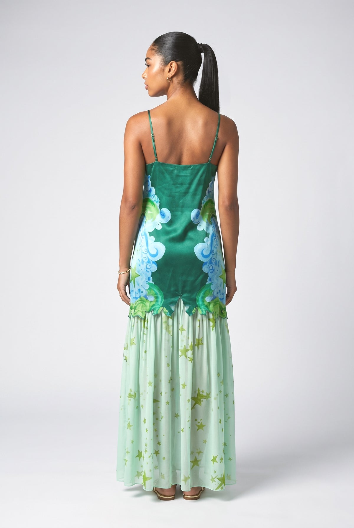Green Floral Pleated Maxi Dress, back view