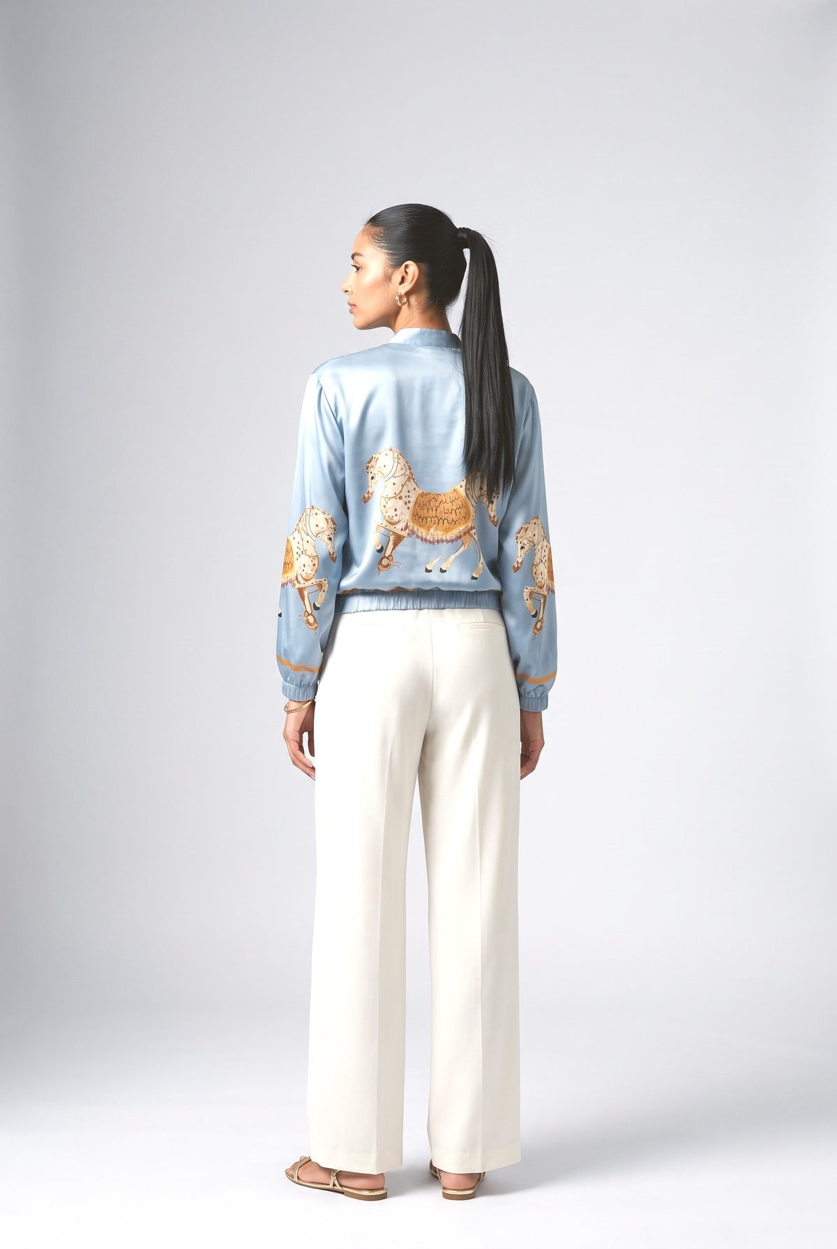 Satin Horse Print Zip-Up Shirt, back view