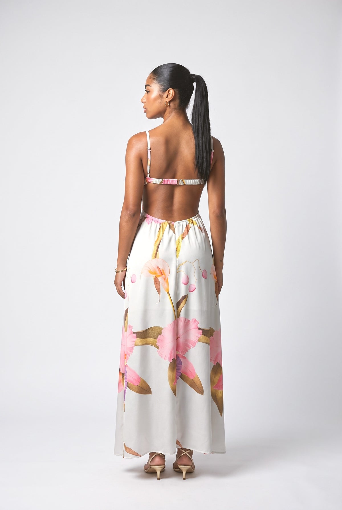 White Print Backless Slit Maxi Dress, back view