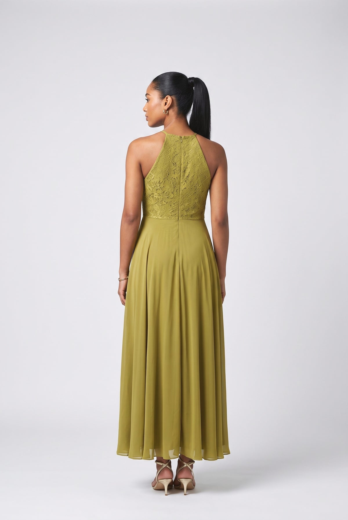 Green Lace Halter Neck Maxi Dress, back view