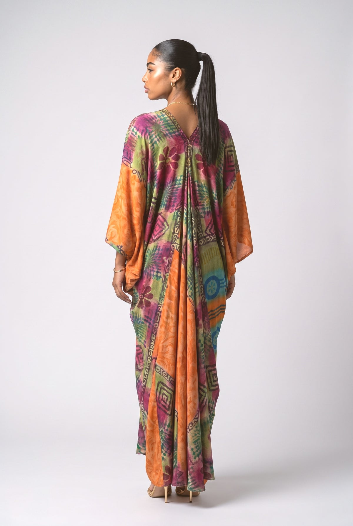 Orange Floral V-Neck Maxi Dress, back view