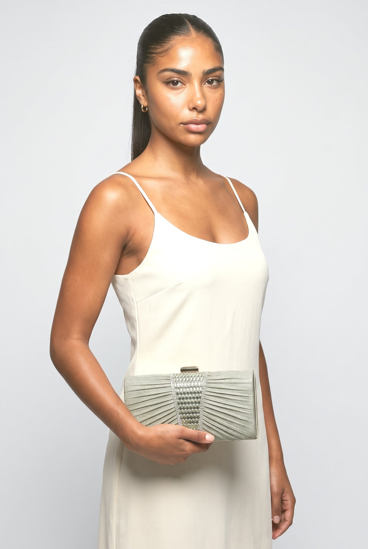 Rhinestone Embellished Clutch Bag, worn, shown to scale