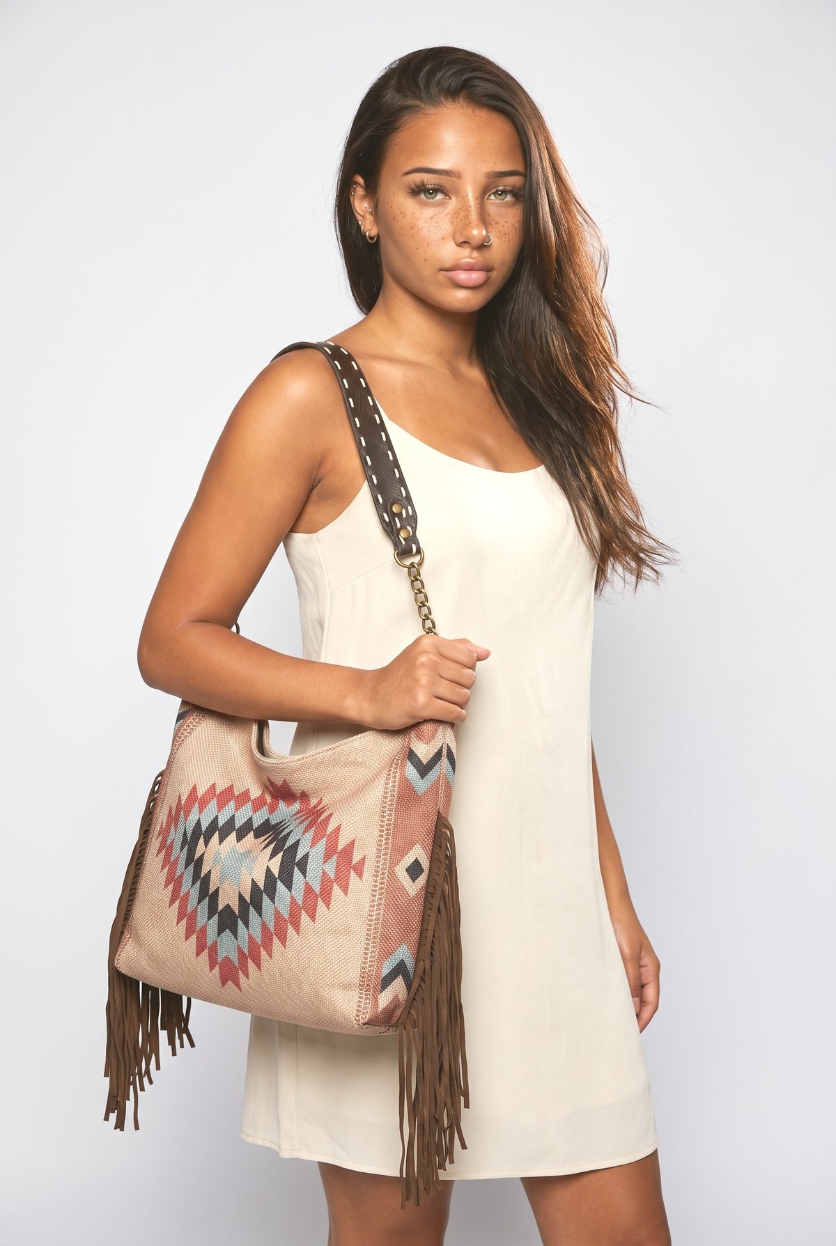 Western Style Woven Tassel Shoulder Bag, worn, shown to scale