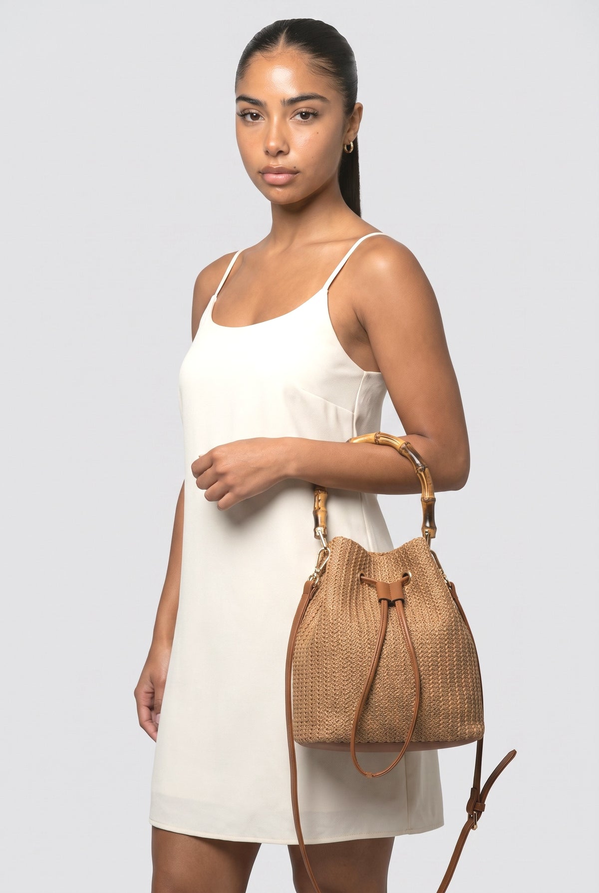 Summer Shoulder Messenger Bag Bamboo Bag Bucket Bag, worn, shown to scale