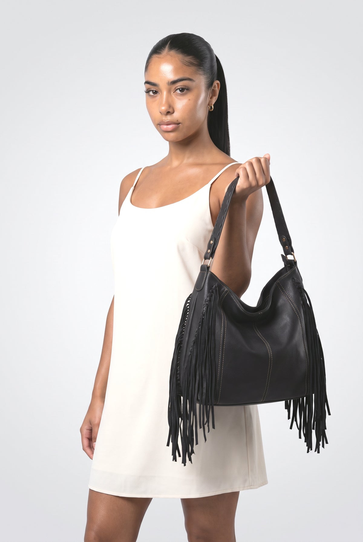 Linen Fringe Handbag, worn, shown to scale