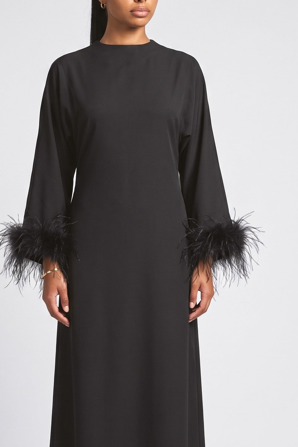 Black Batwing Sleeve Feather Trim Maxi Dress, fabric detail