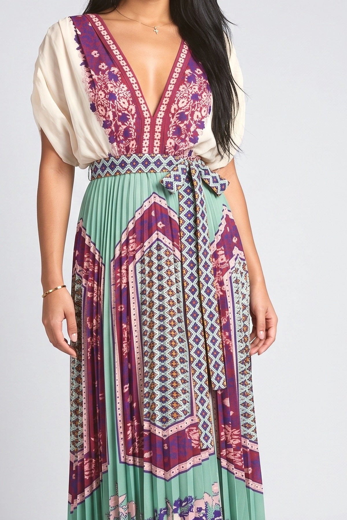 Multicolor Print V-Neck Ruched Maxi Dress, fabric detail
