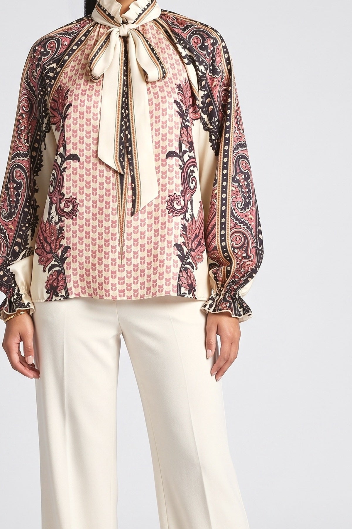 Beige Floral Satin Ruffle Top, fabric detail