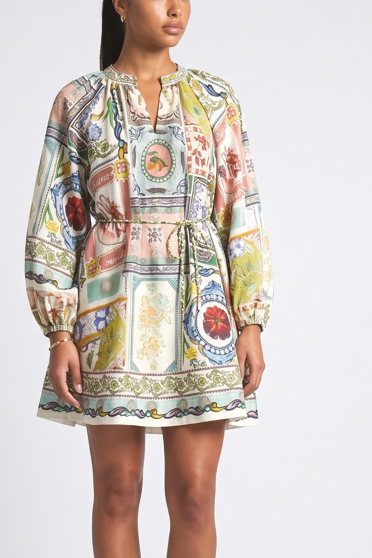 Multicolor Print Linen Mini Dress, fabric detail