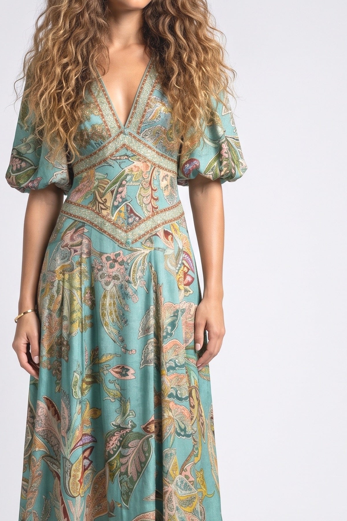 Green Floral Satin Puff Sleeve Midi Dress, fabric detail