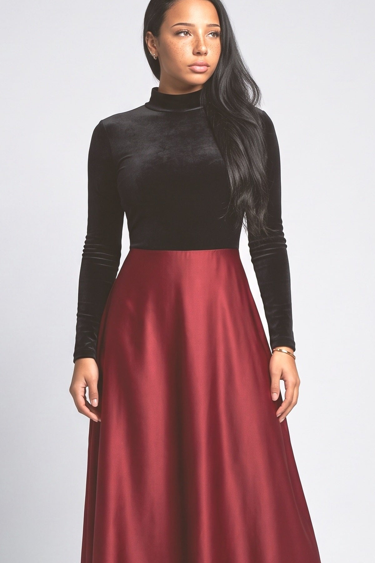 Velvet Satin Color-blocked Maxi Dress, fabric detail