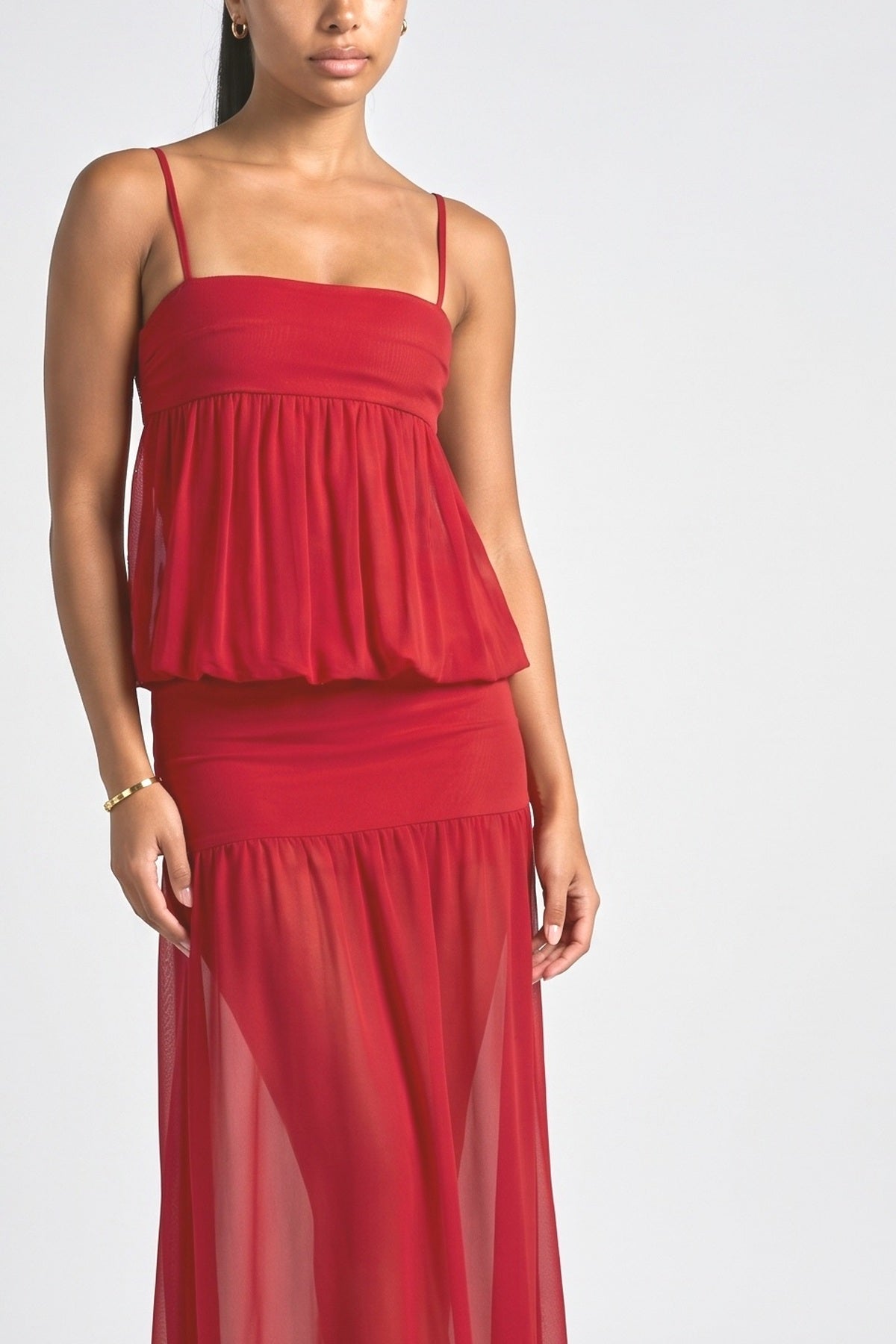 Red Strappy Ruffle Maxi Dress, fabric detail