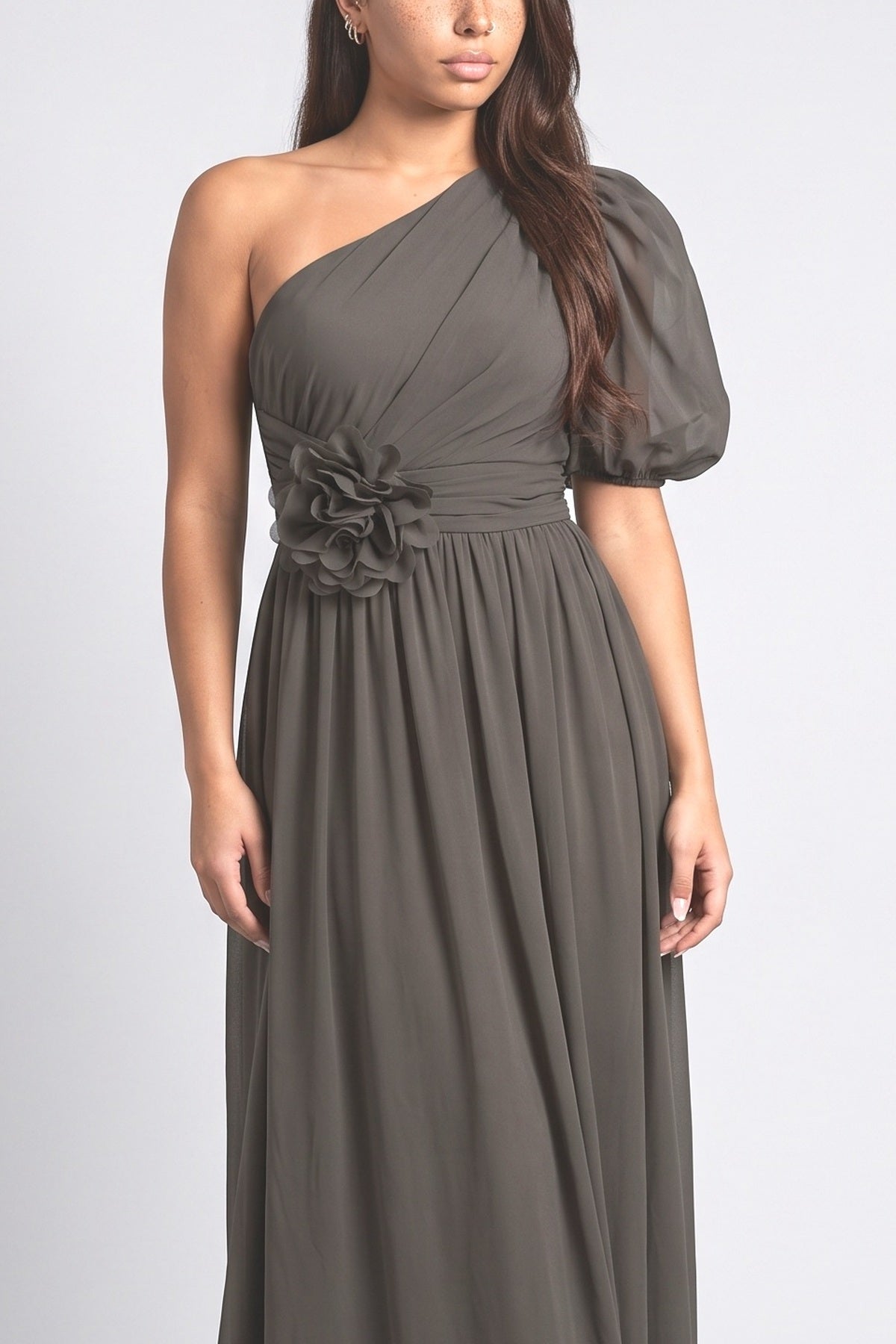 Floral Sheer One-Shoulder Ruched Maxi Dress, fabric detail
