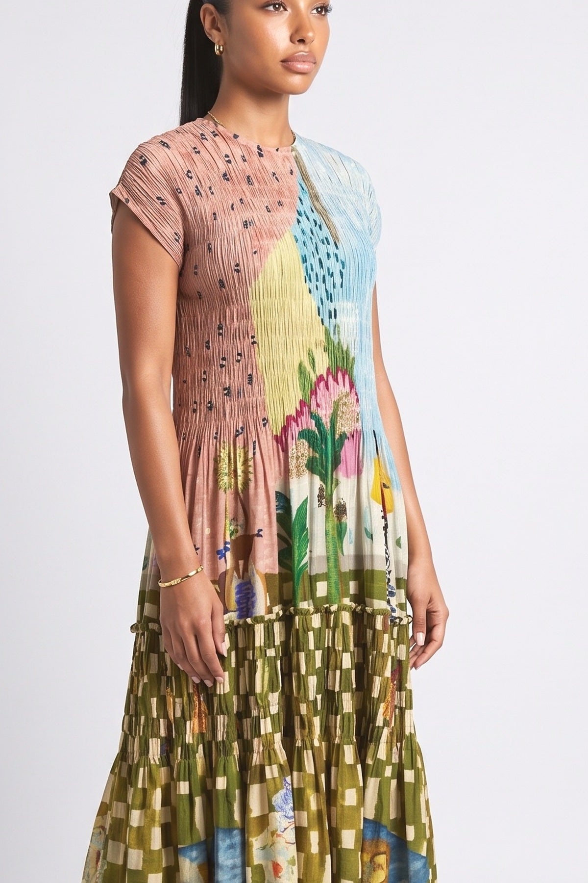 Pleated Print Maxi Dress, fabric detail
