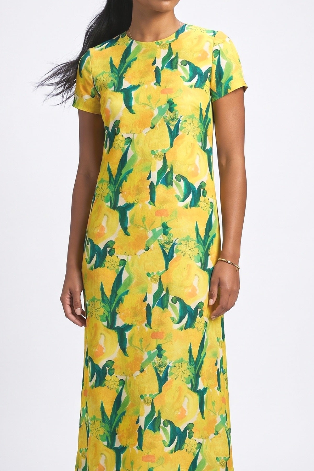 Lemon Blossom Print Feather Hem Midi Dress, fabric detail