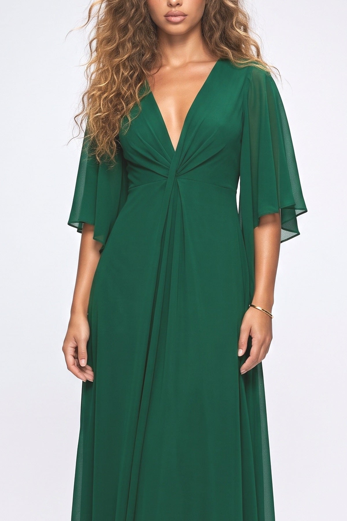 Draped Head Sleeve Chiffon Maxi Dress, fabric detail