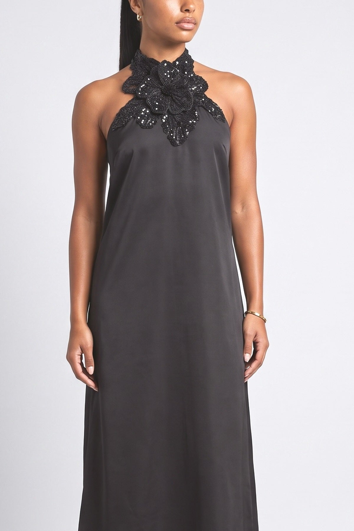 Floral Satin Halter Neck Maxi Dress, fabric detail