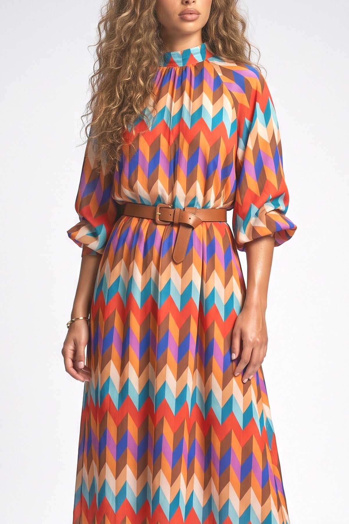 And Rainbow Print Stand Collar Long Sleeve Midi Dress, fabric detail