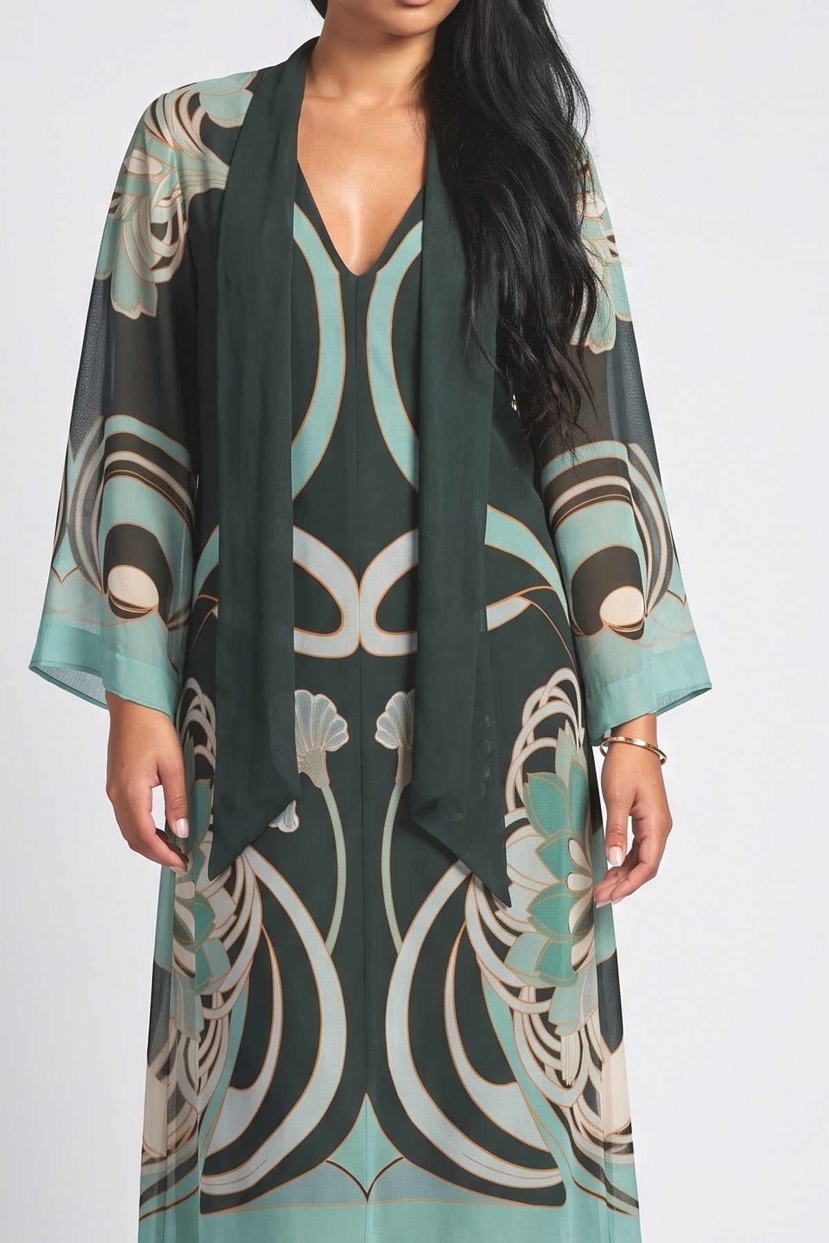 Green Geometric Chiffon Midi Dress, fabric detail