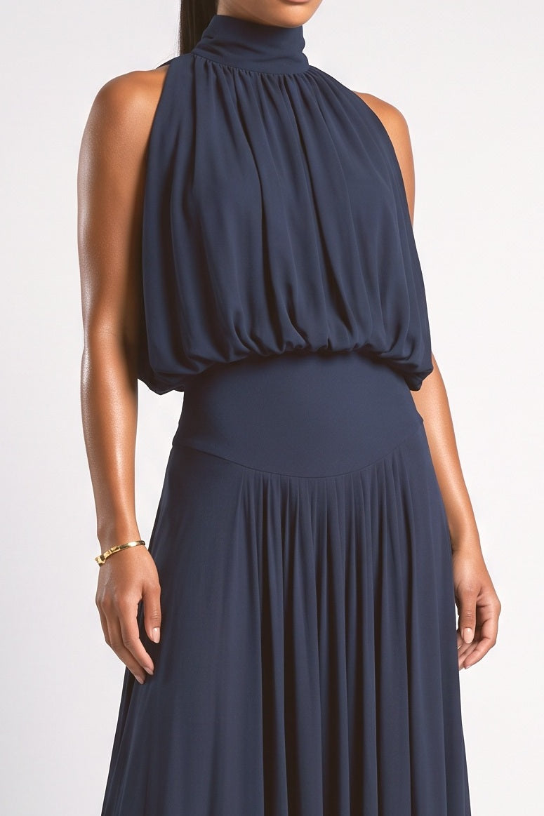 Blue High Neck Pleated Maxi Dress, fabric detail